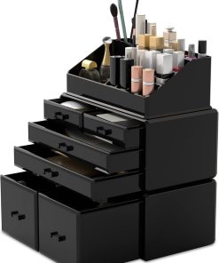 3-Piece Black Cosmetic Storage Case Set with 6 Drawers