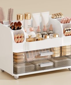 Compact 2-Drawer Vanity Organiser with Brush Holder, White