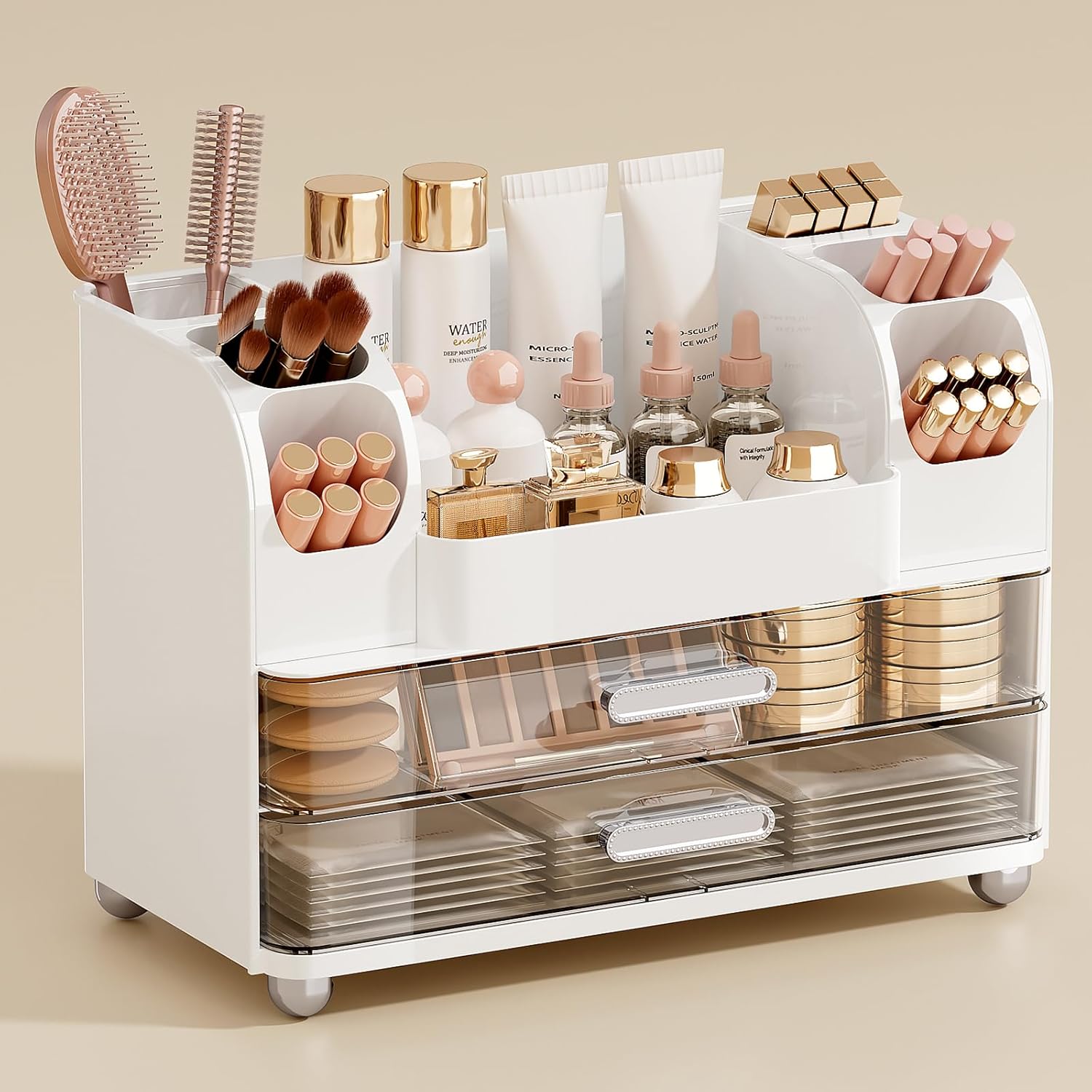 Compact 2-Drawer Vanity Organiser with Brush Holder, White