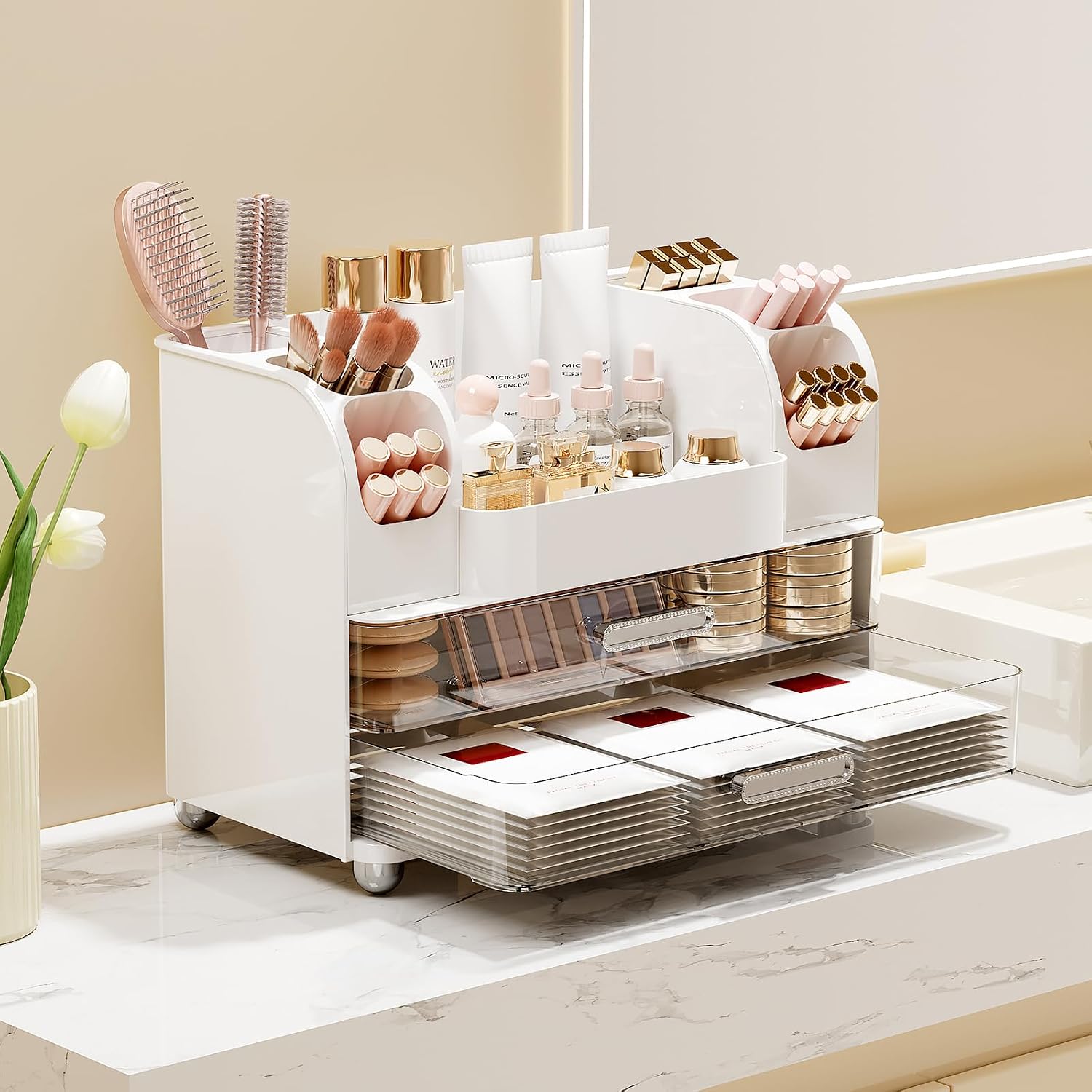Compact 2-Drawer Vanity Organiser with Brush Holder, White - Image 2