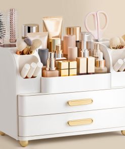 Large White Bathroom Organiser with Brush Holder for Beauty Storage