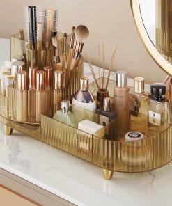 Amber Rotating Acrylic Cosmetic Display with Large Brush Holder